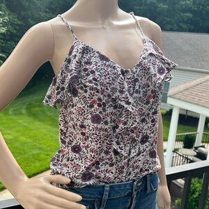 American Eagle pink/purple sleeveless floral button-down ruffle top Sz S